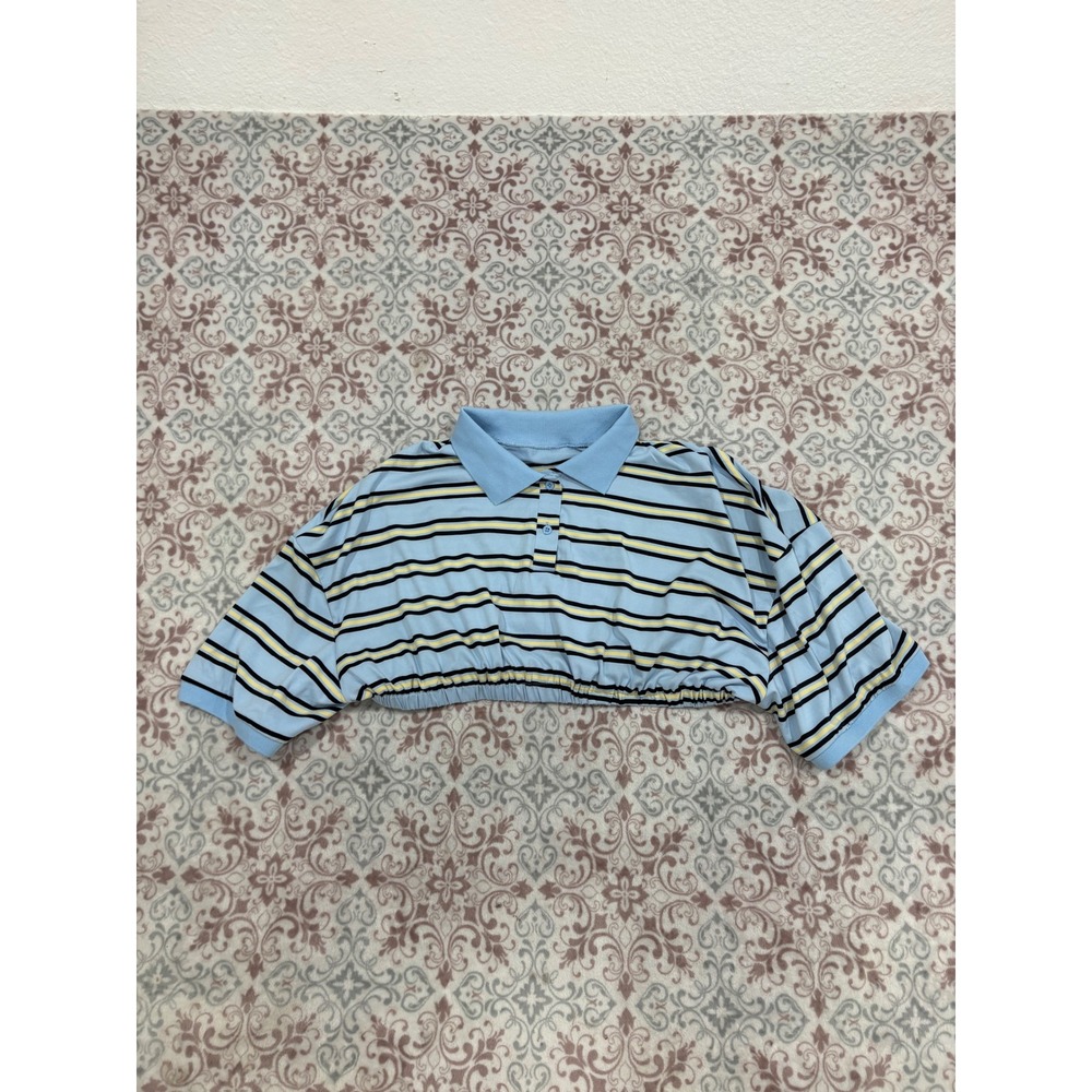 Blue Yellow Striped Cropped Polo Shirt Elastic Hem Short Sleeve Top